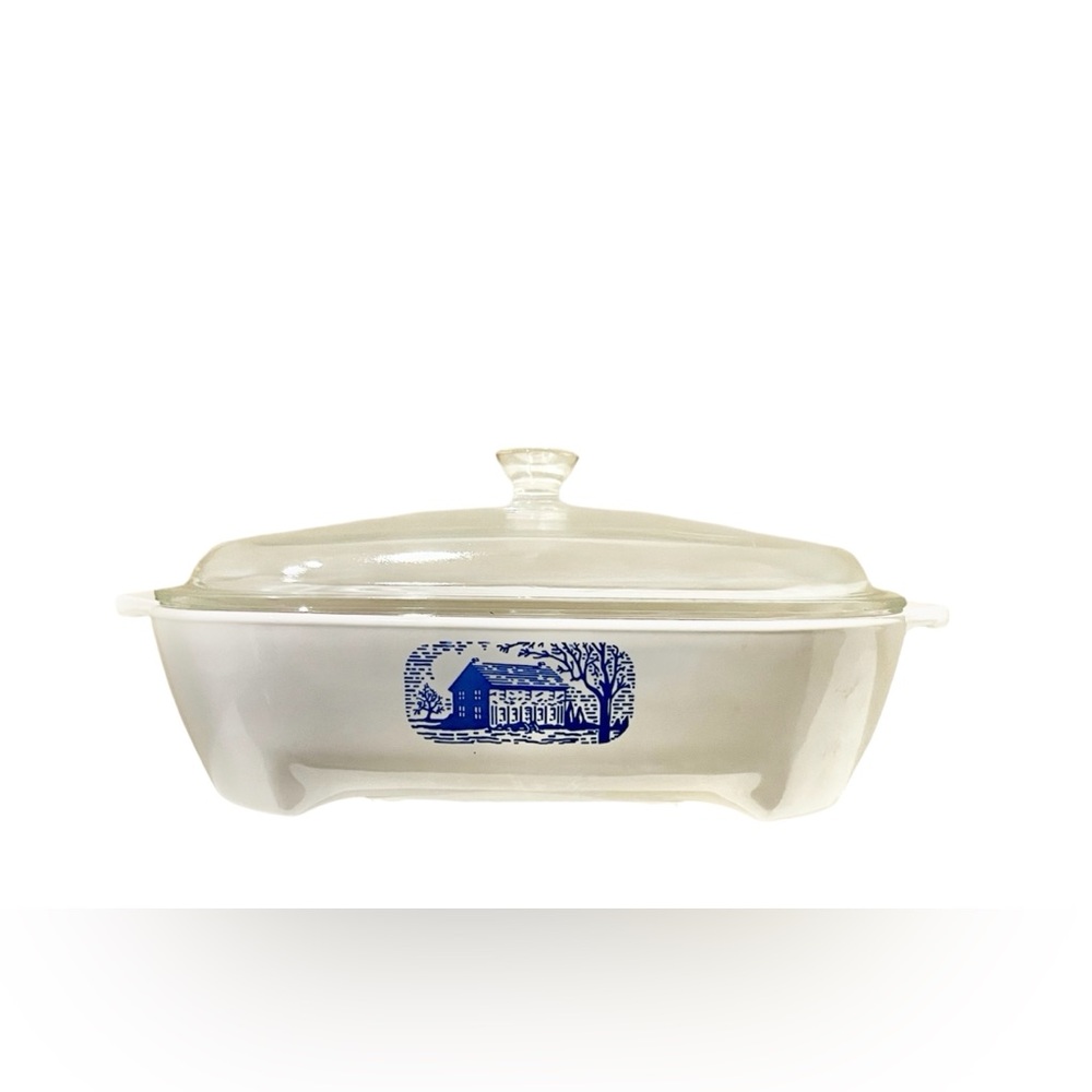 Vintage Corning Ware Amana Radarange White w/ Blue Colonial House 9 1/2 Inch
